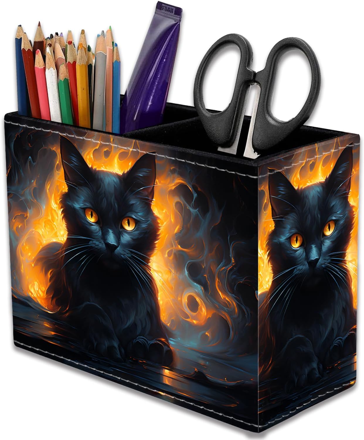 Luminous Black Cat Pencil Holder for Desk, PU Leather Multifunctional Mobile Pen Holder Desktop Organizer Makeup Brush Holder for Classroom, Office and Home