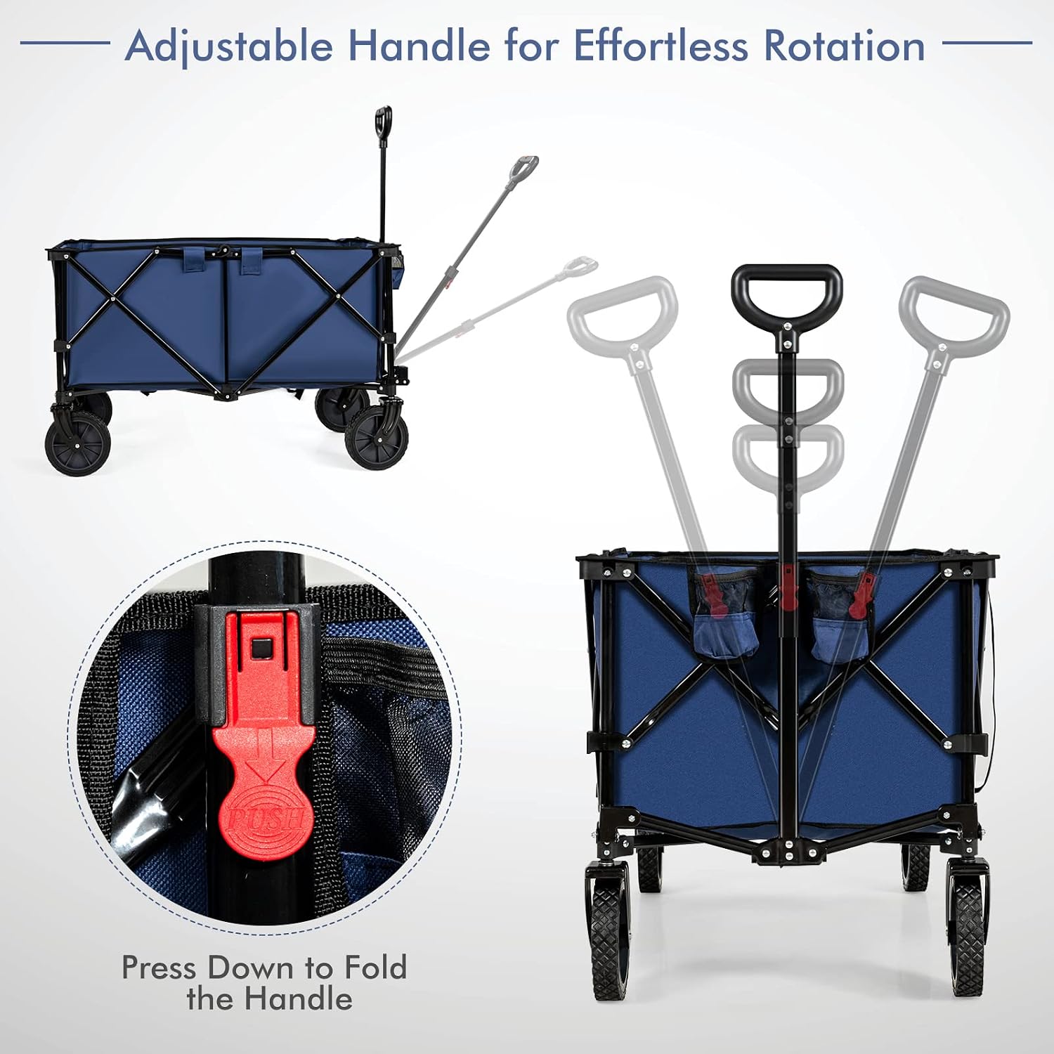 S AFSTAR Folding Wagon Cart, Collapsible Garden Wagon w/Adjustable Handle & Universal Wheels, Heavy Duty Folding Utility Cart for Agricultural Material Toy Grocery, Load Capacity up to 180Lbs (Navy)