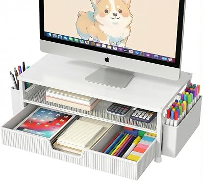 ECOLOVI Desk Organizer and Accessories, 2-Tier Computer Monitor Stand Rise with Storage Drawer & 2 Pen Holders, Laptop & Printer Stand for Desktop, Workspace Organizers for Office Supplies White