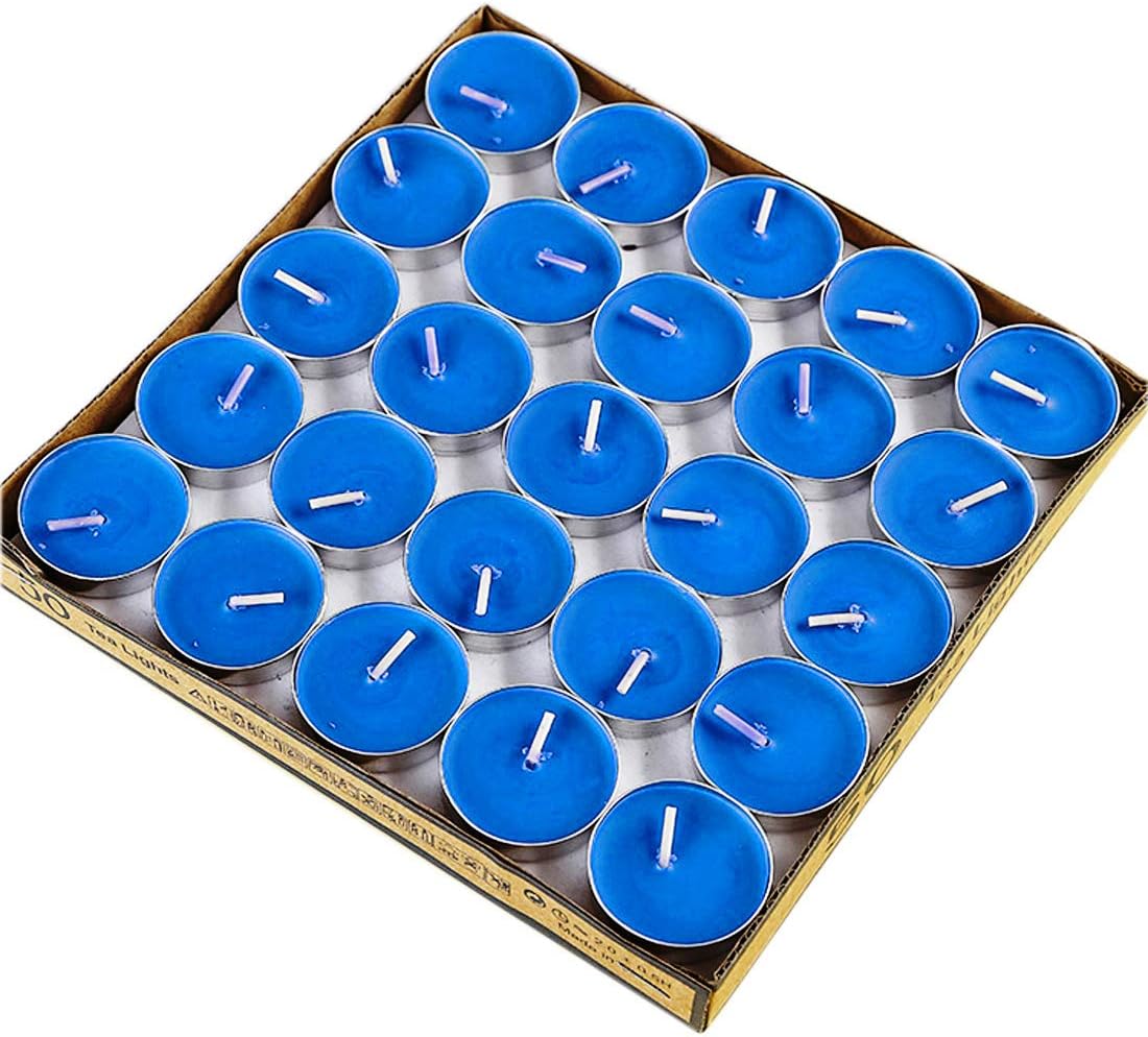 Tea Lights Candles, 50 Pack Flameless Colorful Tealights Holder Variety Relaxing Paraffin Pressed Wax 2 Hours Burn Time for Travel,Centerpiece,Party Gift Happy Birthday New Year Wedding (Blue)