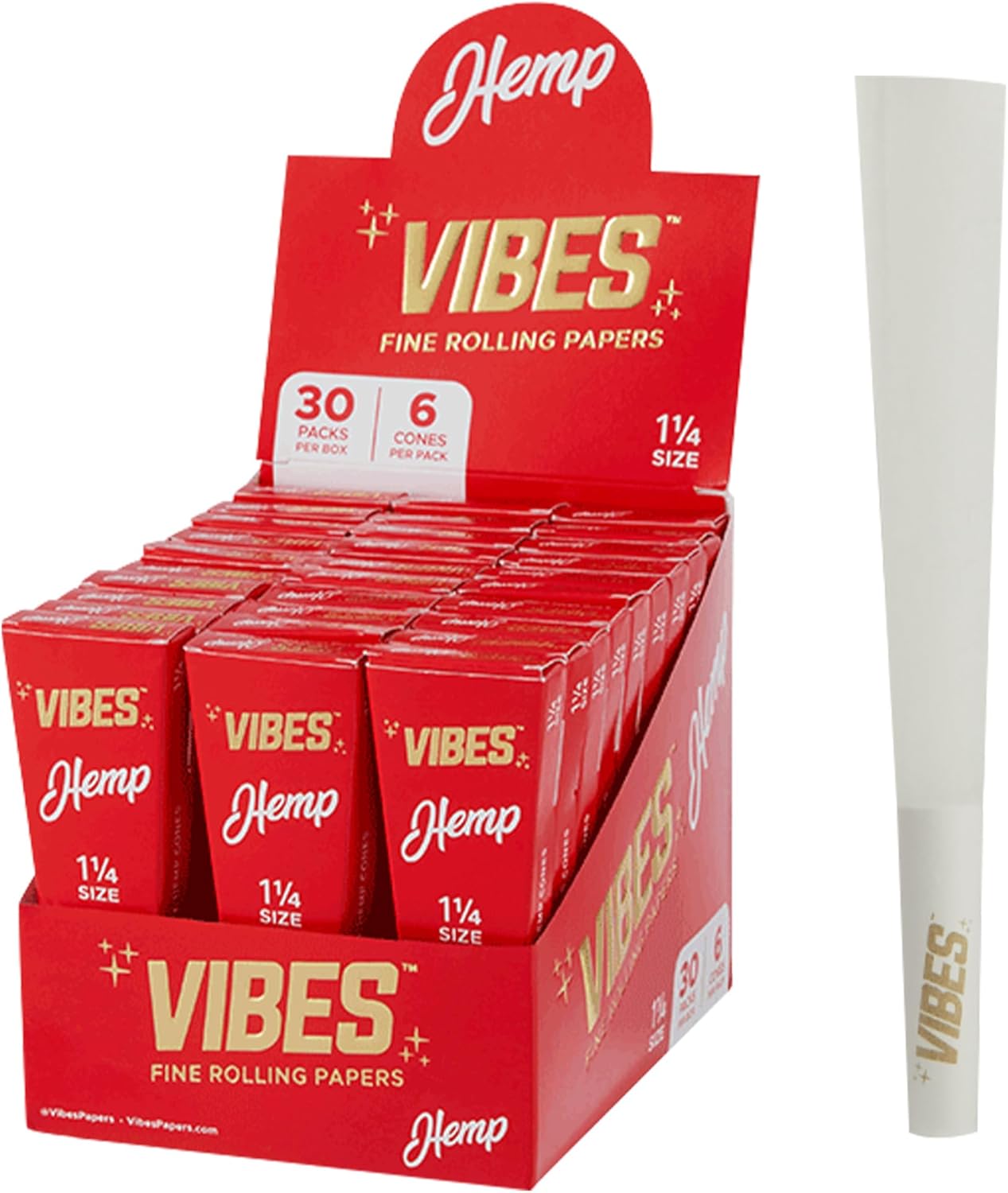Vibes Premium Hemp Pre-Rolled Cones (180 Cones) 1-1/4 Size, 30-Pack Display Box, Chlorine-Free Technology, and Convenient Packing Tool Included
