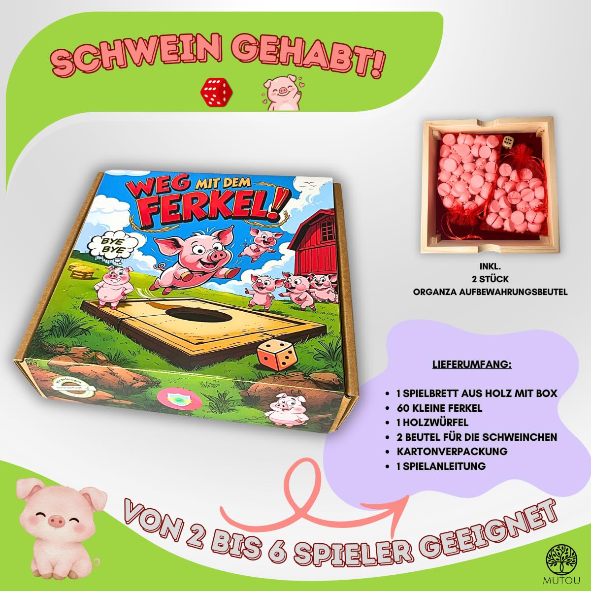 Mutou Débarrassez-vous du porcin. Le jeu de dés sauvage Pig Hole en bois | 60 cochons | Jeu de fête et jeu familial pour 2 à 6 joueurs | Jeu de société Big Hole