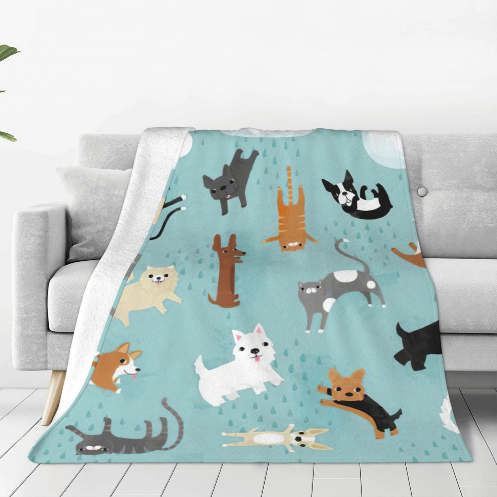 Couverture polaire flanelle légère imprimé chats chiens pour lit adulte