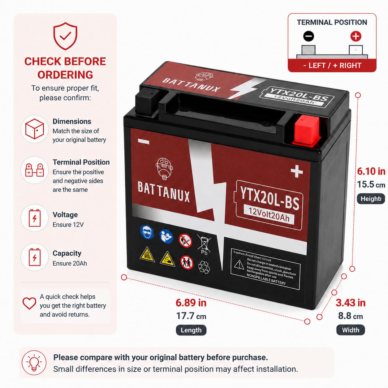 YTX20L-BS Batterie Moto 12V 20Ah AGM – Haute Capacité, Sans Entretien, Anti-Fuite, Prête à l’Emploi pour Moto, ATV & UTV