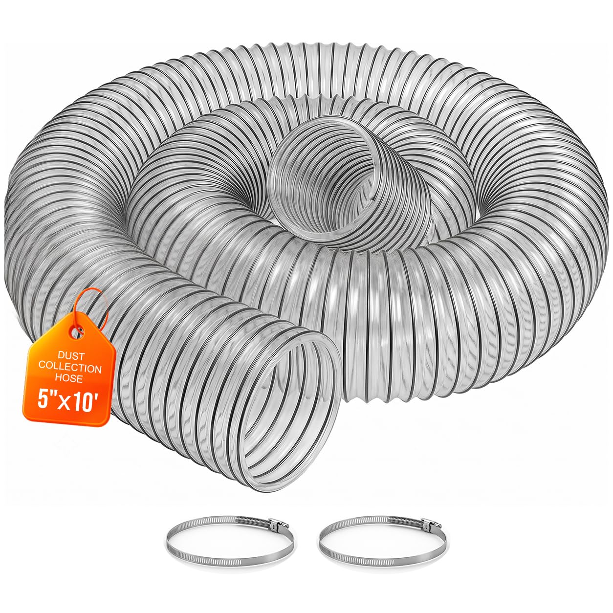 5"x10' Clear PVC Dust Collection Hose-Heavy duty, Fit 5 In Dust Collector