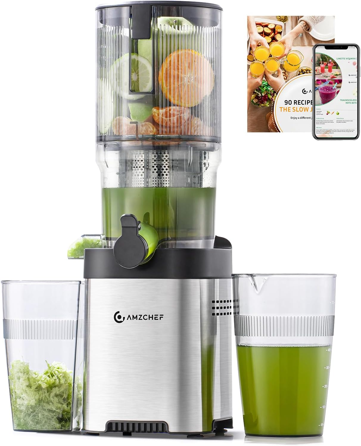 Amzchef Cold Press Juicer, 5.4" Juicer Machine with Large Feed Chute, Stainless Steel Juice Extractor with Large Auger