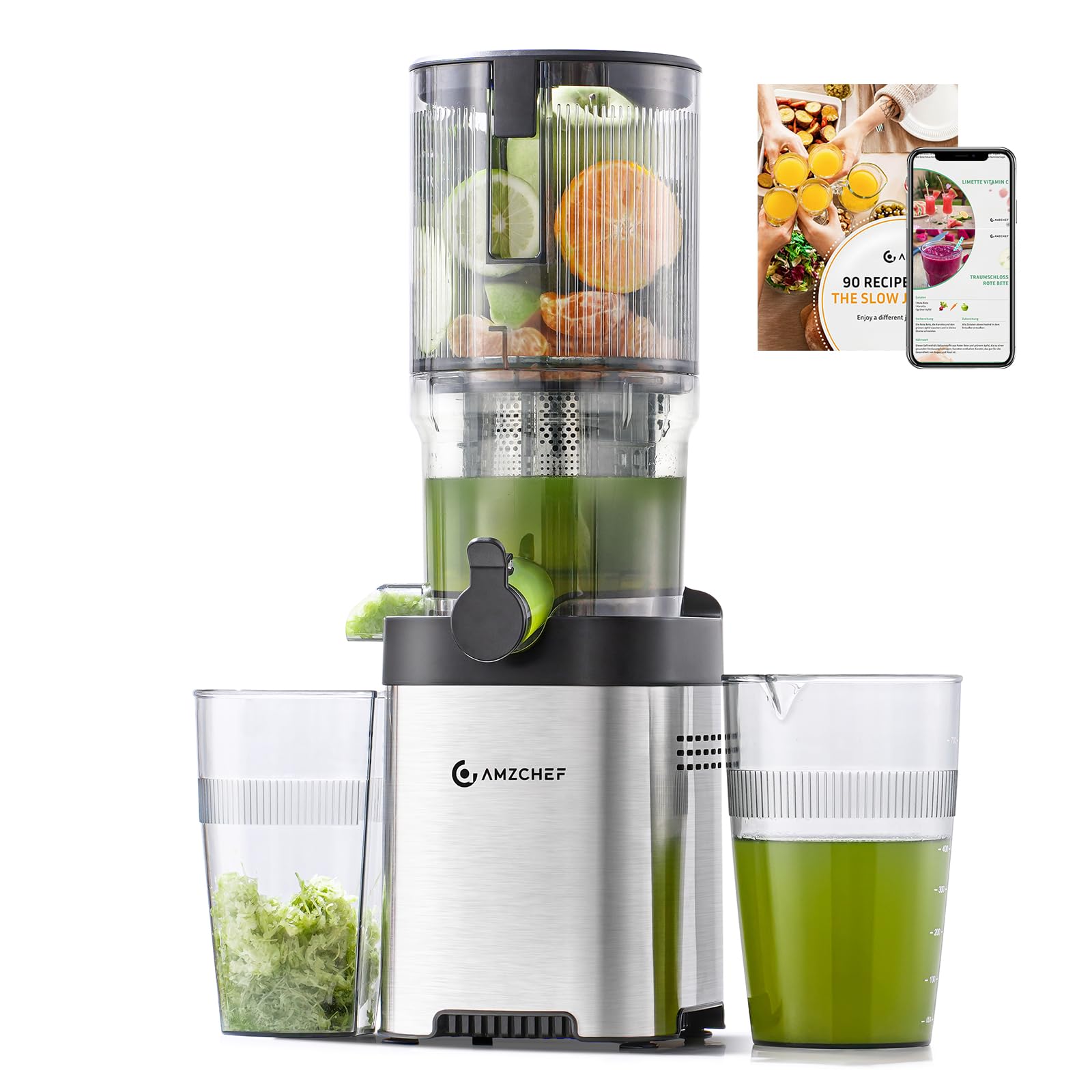 AMZCHEFCold Press Juicer, Juicer Machines - 5.2" Large Feed Channel for Whole Fruits and Vegetables, Stainless Steel Slow Chew Juice, Easy to Clean