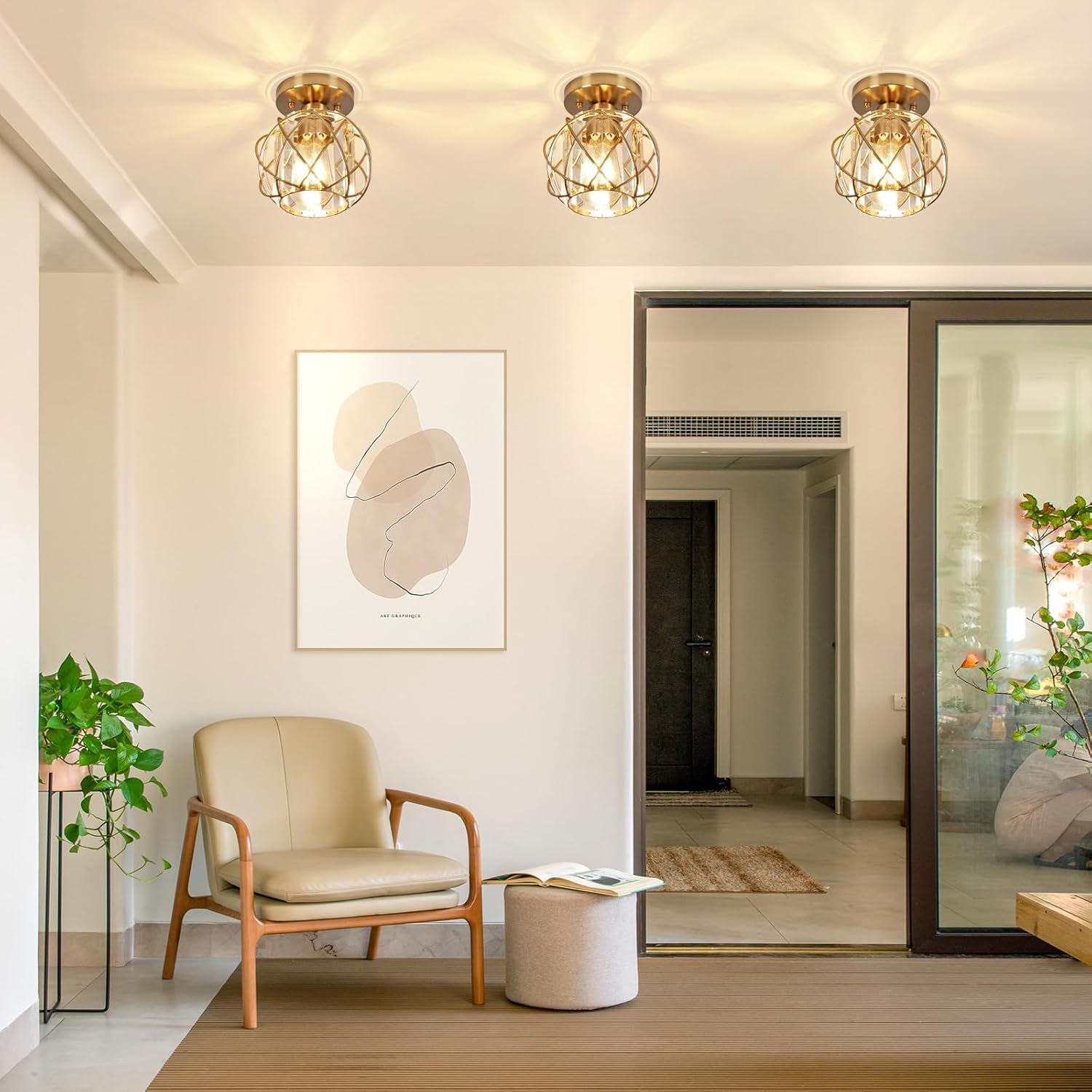 Hallway Light Fixtures Ceiling,Semi Flush Mount Ceiling Light Fixtures Gold Metal Cage Indoor Modern Ceiling Lights for Bedroom Room Hallway Bathroom Entryway Kitchen