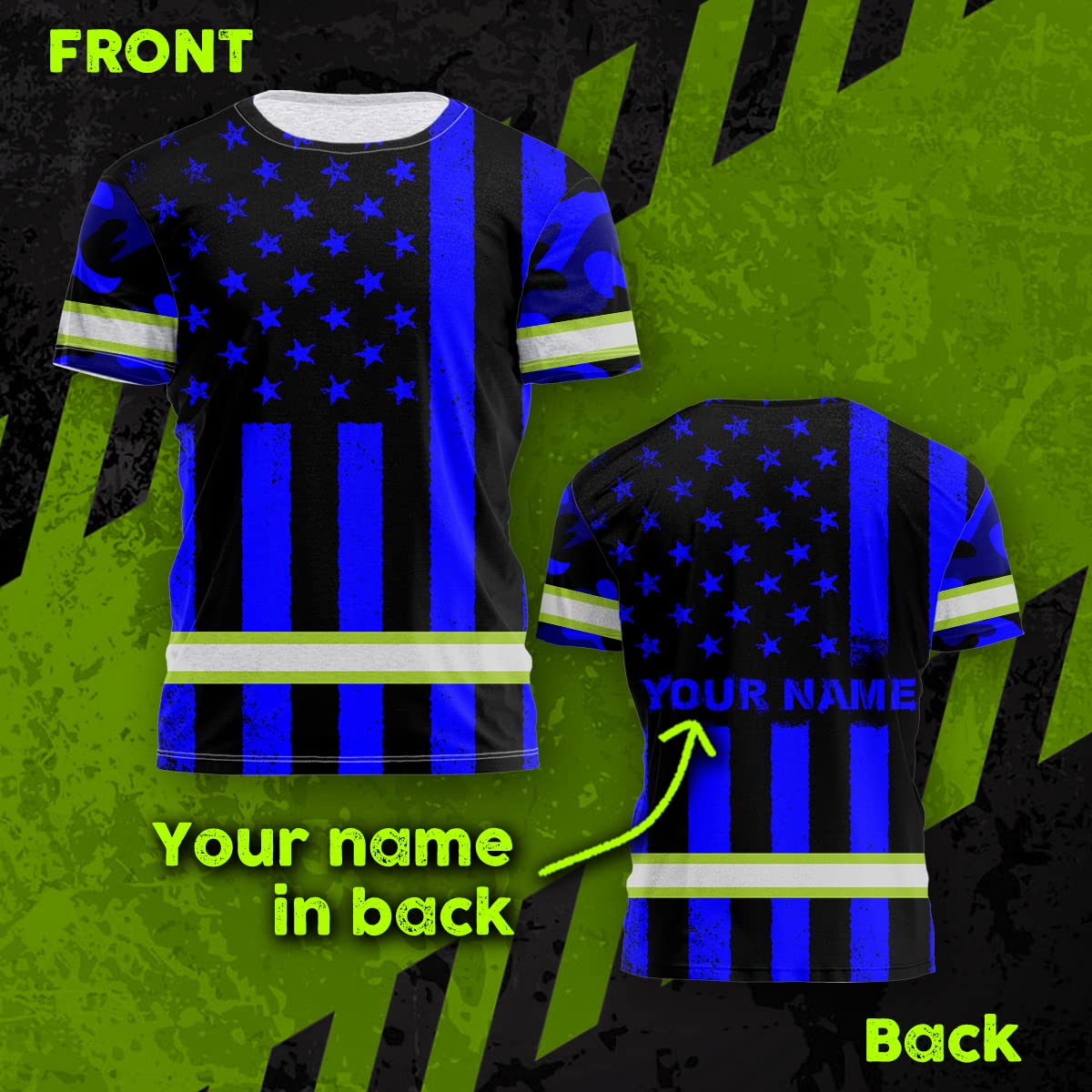 Matedecor Hi Vis Shirt High Visibility Shirt for Men Reflective Tapes Safety Shirts Blue Camo US Flag Custom Name Safety Workwear for Workers, Runners, Walkers, Patriotic-L