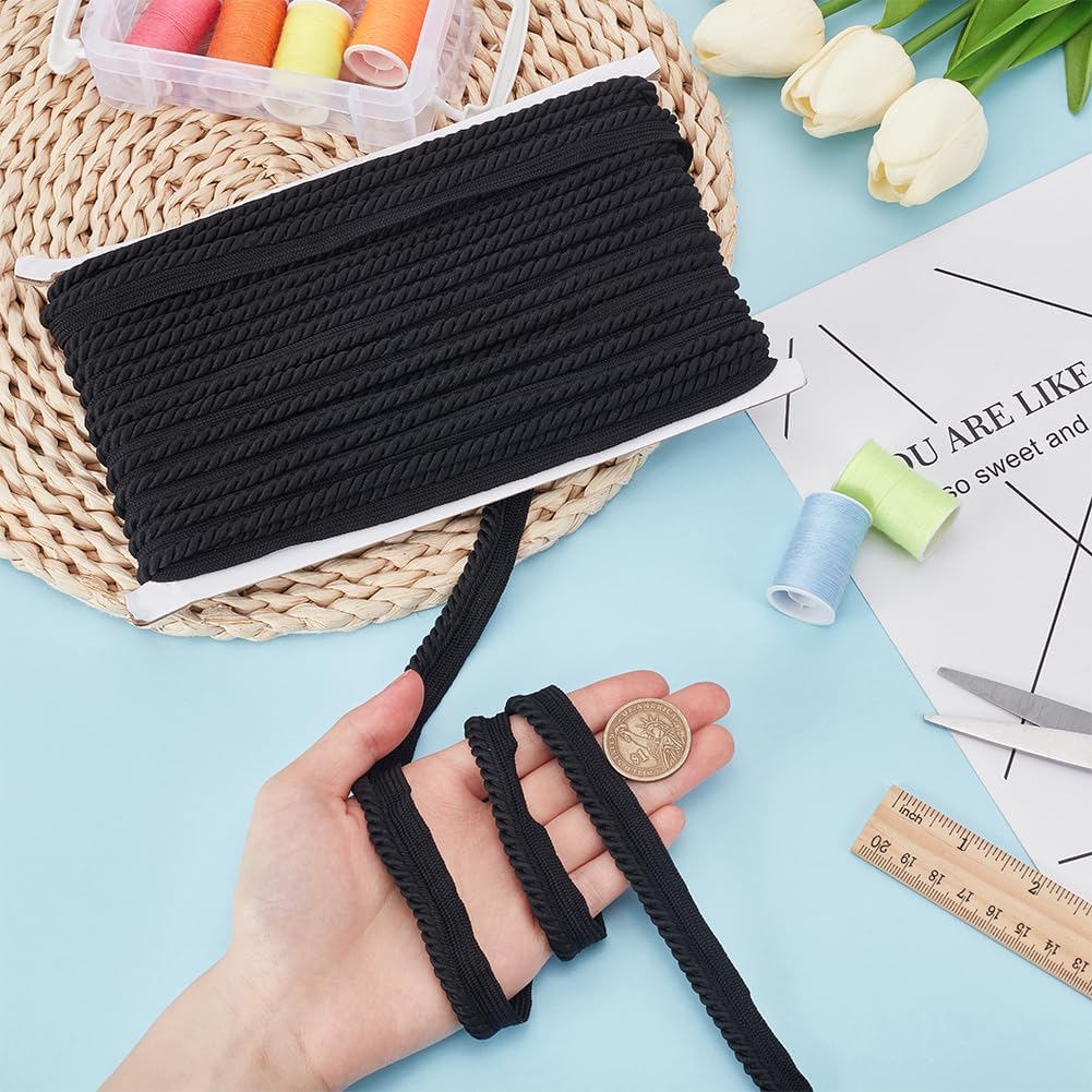 MAYJOYDIY 15 Yards Black Twist Lip Cord Trim, 1/2 Inch Large Twist Rope Cord with Lip Polyester Edge Piping Trim Cord Rope Embellishment for Sewing Clothing Pillows Lamps Draperies