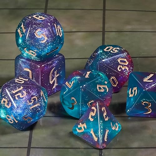 Miniatura 2 de CiaraQ DND - Juego de dados poliédricos para juegos de rol de Dungeons and Dragons RPG MTG, con 1 bolsa de dados (azul + morado + purpurina)