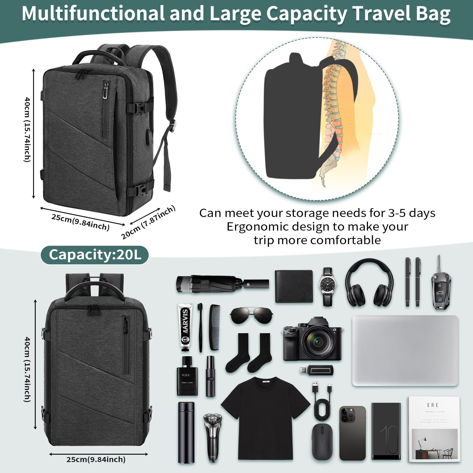 VOESLD Zaino per Ryanair 40x20x25, Zaino da Viaggio Aereo Bagaglio a Mano Porta PC Donna Uomo Grigio Scuro per Tutte le Principali Compagnie Aeree, 20L