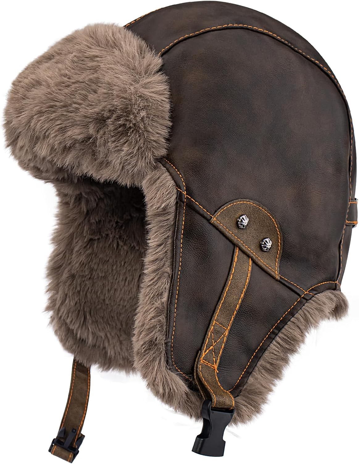 Peicees Leather Trapper Hat with Fur Ear Flaps for Men Women Waterproof Winter Hat Fluffy Russian Ushanka Furry Warm Trooper