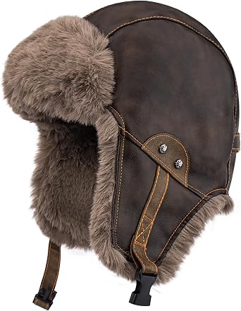 Peicees Leather Trapper Hat with Fur Ear Flaps for Men Women Waterproof Winter Hat Fluffy Russian Ushanka Furry Warm Trooper