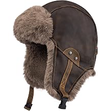 Peicees Leather Trapper Hat with Fur Ear Flaps for Men Women Waterproof Winter Hat Fluffy Russian Ushanka Furry Warm Trooper