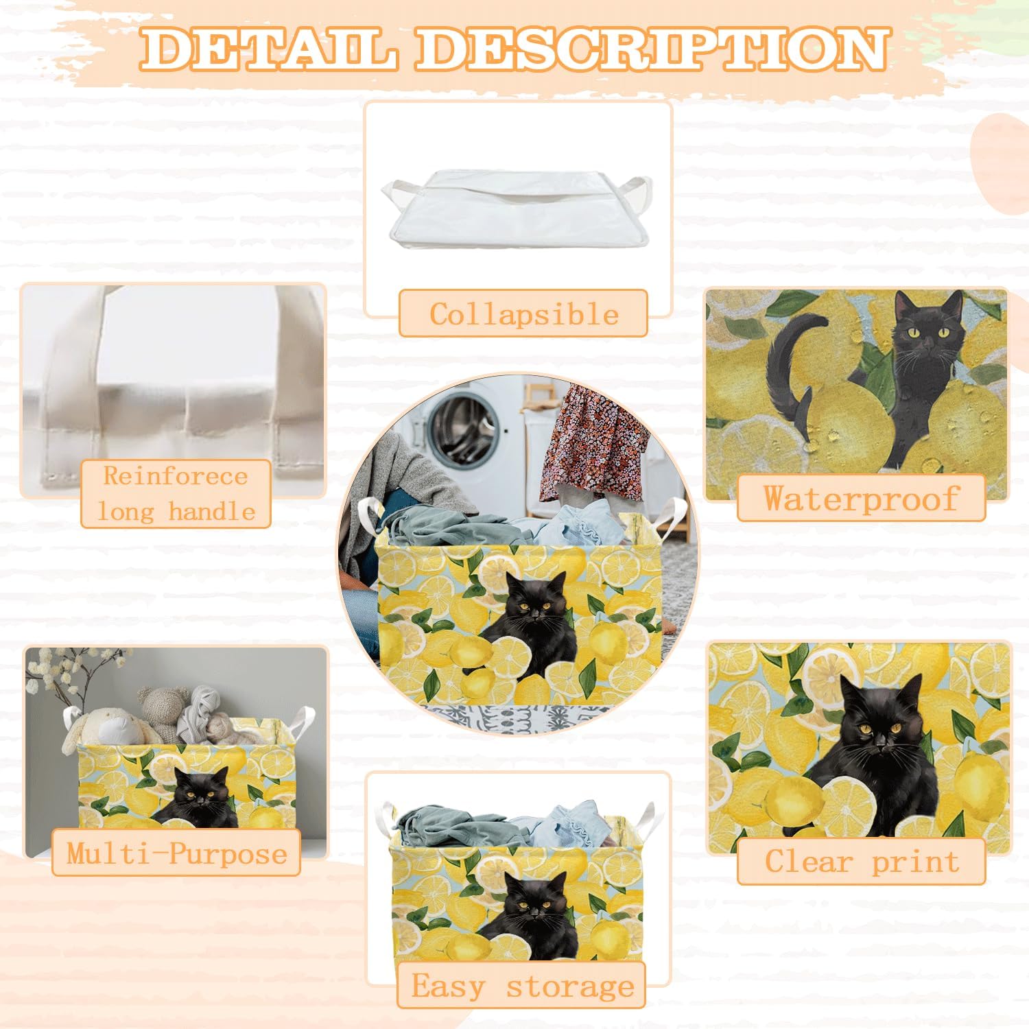 Black Cat Yellow Lemon Laundry Storage Basket, Waterproof Collapsible Hamper With Handles, Dirty Clothes Tote for Laundry Bathroom Bedroom, Cats Gift Hamper for Pet Owners, Bin for Cat Lovers