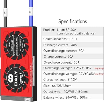DALY Smart BMS Li-ion 3S 12V 40A with Bluetooth BMS Real-Time Monitoring for Rated 3.7V Lithium Battery Pack Power Wheels Motors(Smart BMS,40A)