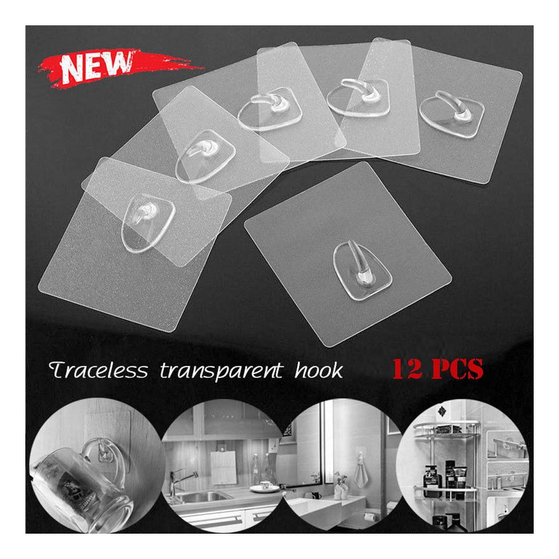Jeeke Adhesive Wall Hooks Anti-Skid Hooks Reusable Transparent Traceless Wall Hanging Hooks for Hallway, Bathroom, Living Room, 12pcs/Pack, Ship from USA