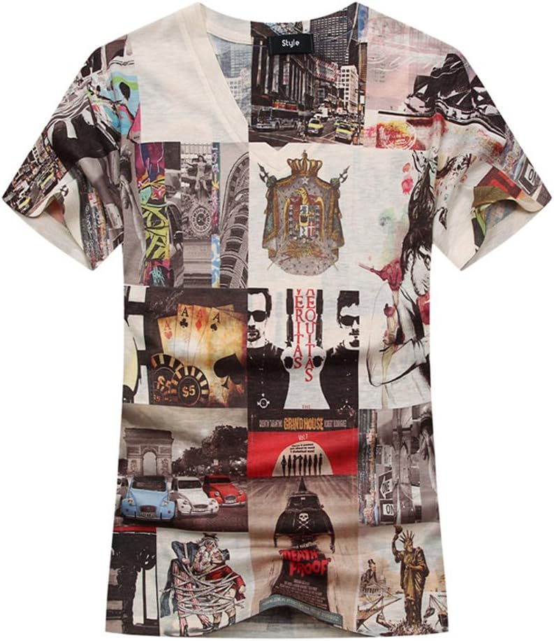 Men's Fashion Mix Color V Neck 3D Printed Thin Summer T-Shirt L