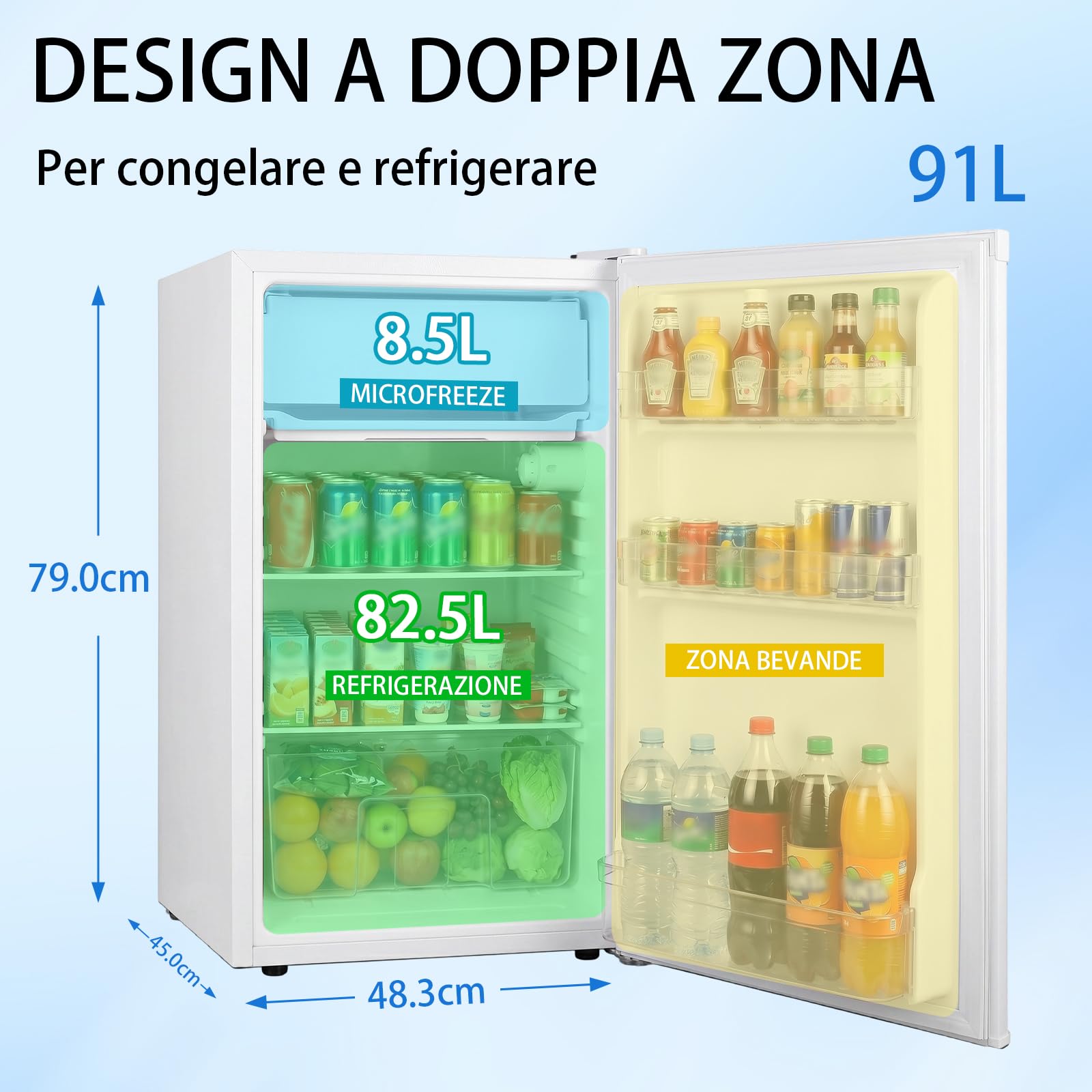 Mini frigorifero bianco 91L con congelatore, porta singola, termostato regolabile a 7 livelli. Risparmio energetico, bassa rumorosità, ideale per ufficio, camera e dormitorio