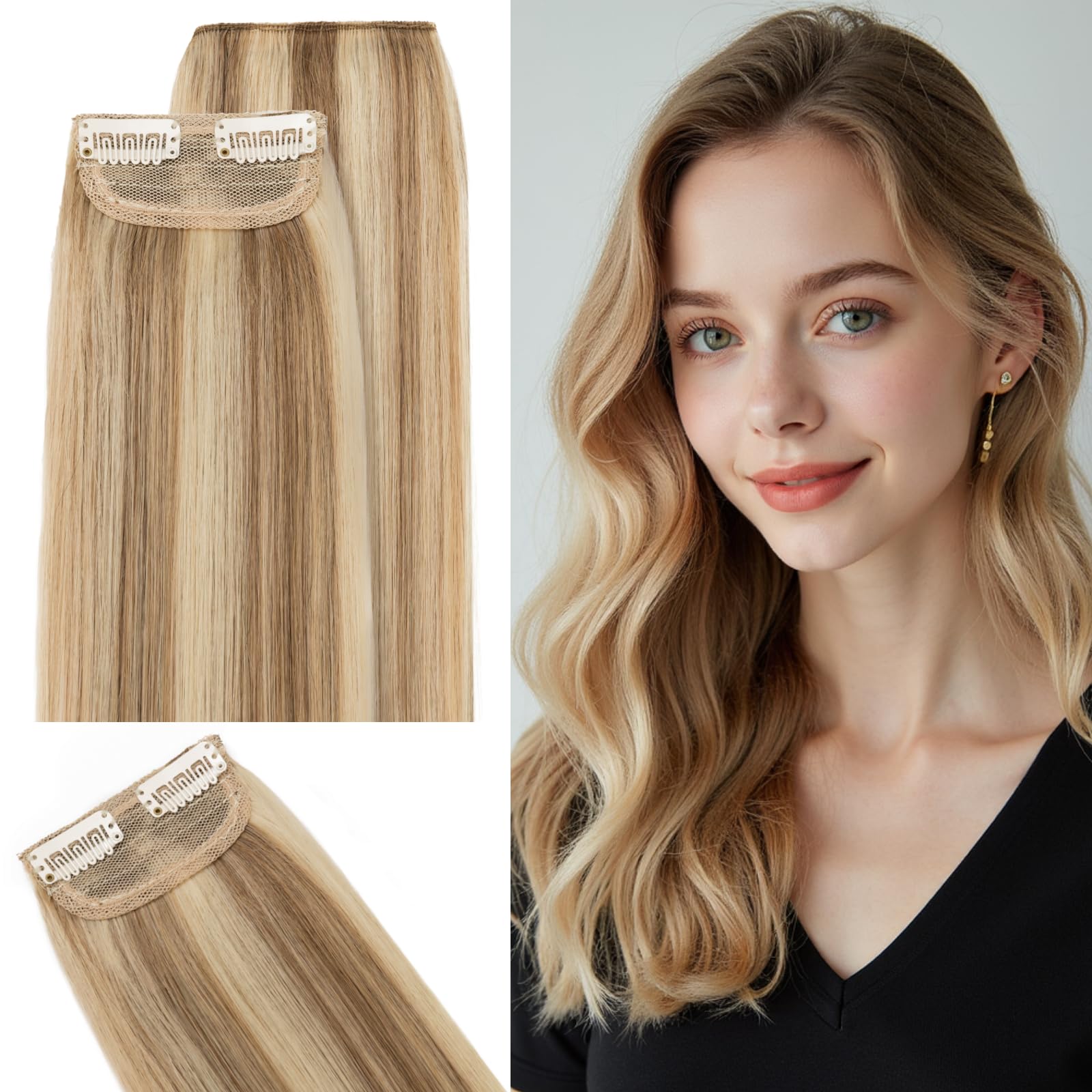 SEGO Clip in Hair Extensions for Women, 100% Remy Human Hair, Mini Hairpieces with 2 Clips, Short Extensions to Add Hair Volume, 2 Pcs, 8 Inches, 24g, Golden Brown&Bleach Blonde