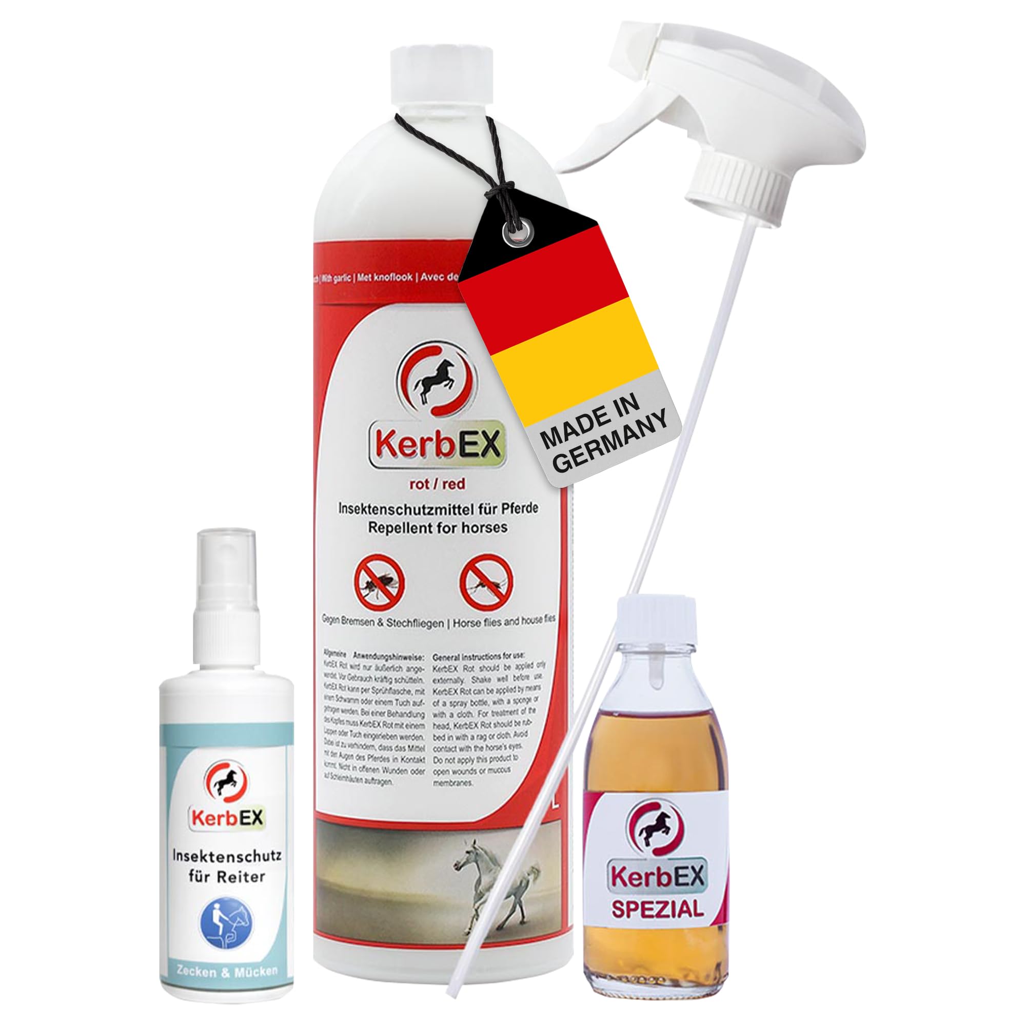 KerbEx Kombiset Rot rot Insektenabwehrmittel für Pferde bei starkem Insektenbefall - inkl. 1L Sprühflasche, 100 ml Spezialöl, Insektenschutz für Reiter – Made in Germany