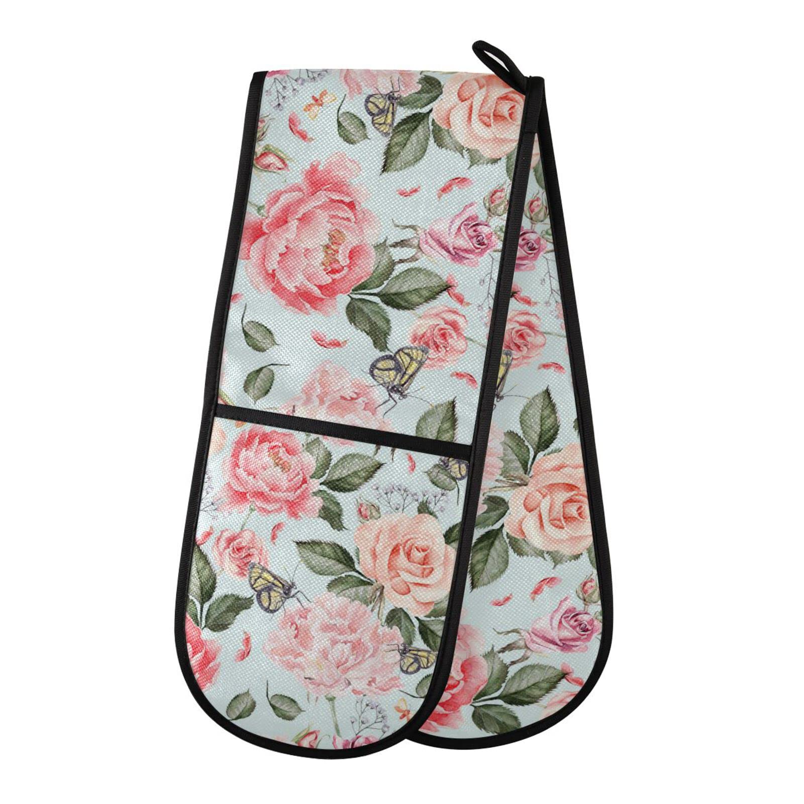 Double Oven Glove Retro Flower Rose Heat Resistant Double Ovens Mitt Modern Cooking Gloves Potholders