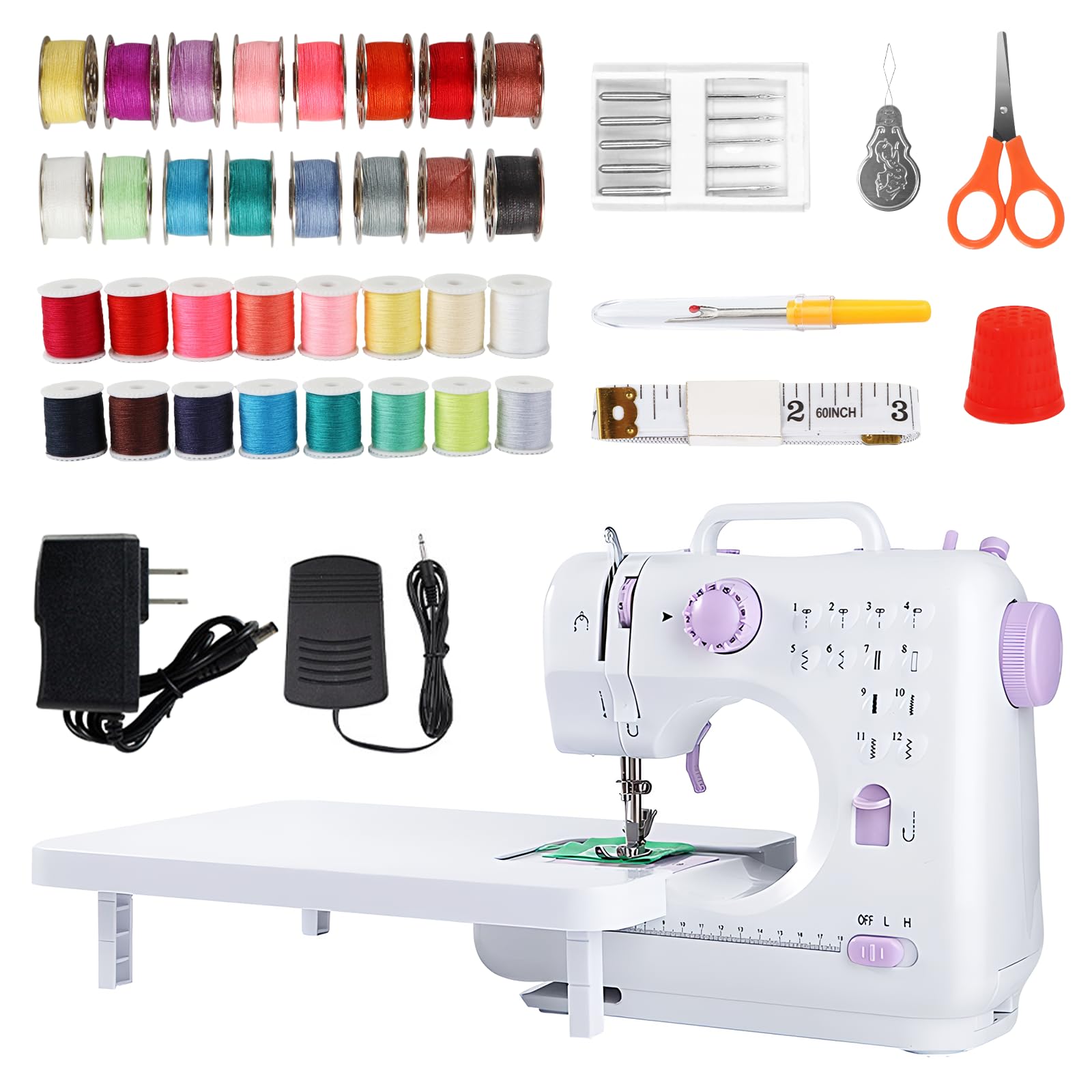 Ninonly Sewing Machine for Beginners with Extension Table, Mini Electric Portable Sewing Machine with 12 Stitches LED Light and Accessories Kit for Clothes, Pillowcases