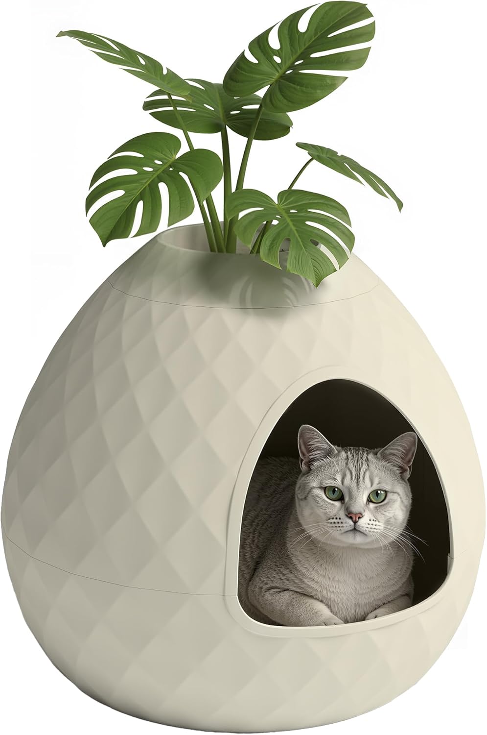 VIXZEN Cat Litter Box Enclosure - Hidden Litter Box with Removable Planter Top, Egg-Shaped Resin Design, Tool-Free Quick Assembly, Spacious Interior, Ideal for Indoor Use (White)