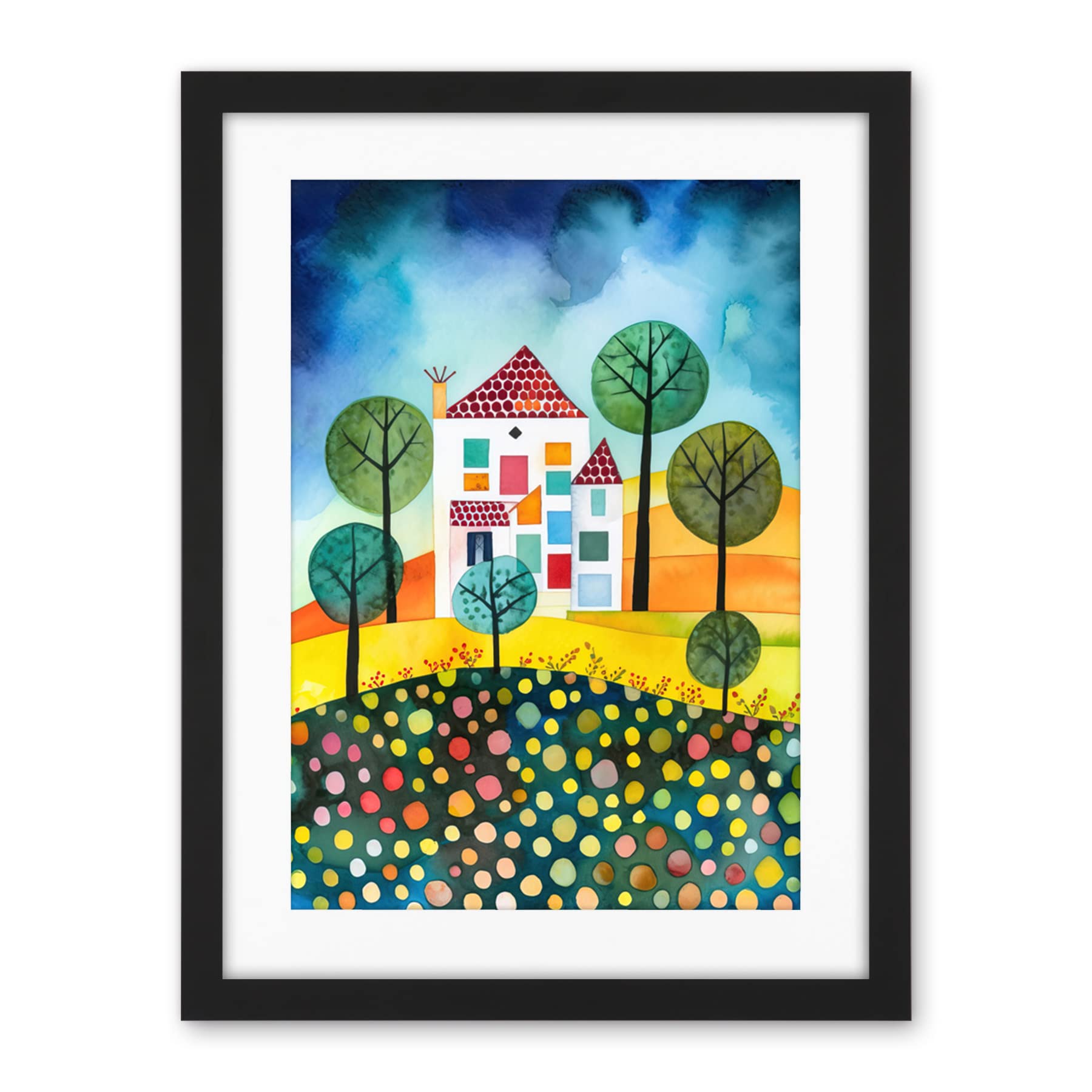 Artery8 Abstract House And Garden Folk Art Artwork Framed Wall Art Print 18X24 Inch
