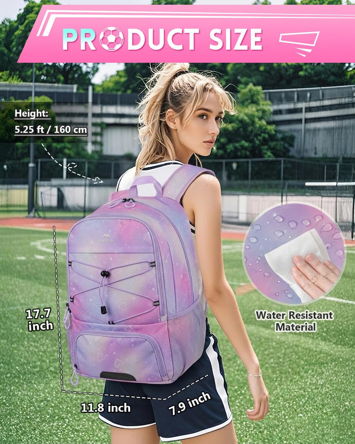 MATEIN Girls Soccer Backpack, Large Basketball Bag with Ball Holder & Shoe Compartment for Tournament & Game Day, Lightweight Youth Sports Bag with Fence Hook Fits 15.6 Inch Laptop, Soccer Team Gifts