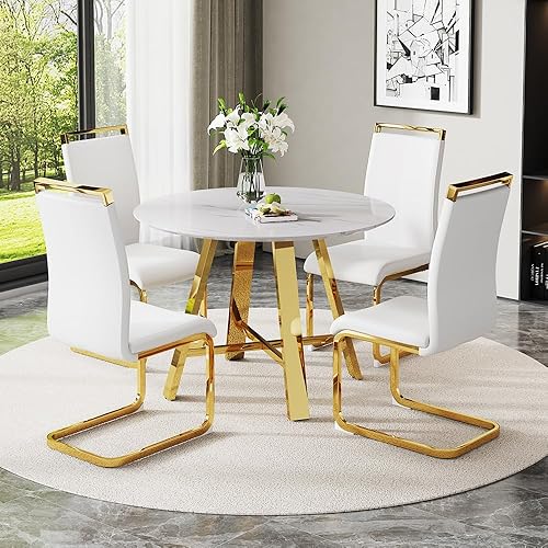 Miniatura 16 de Juego de 4 mesas de comedor redondas de 42 pulgadas para 4, juego de sillas de mesa de cocina modernas para 4 mesas de comedor de mármol sintético,