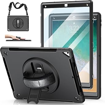 Case for iPad Pro 12.9 2nd/1st Generation 2017/2015 Black | Shockproof Protective TPU Cover with Rotatable Stand-Screen Protector-Handle- Shoulder strap- Pencil holder