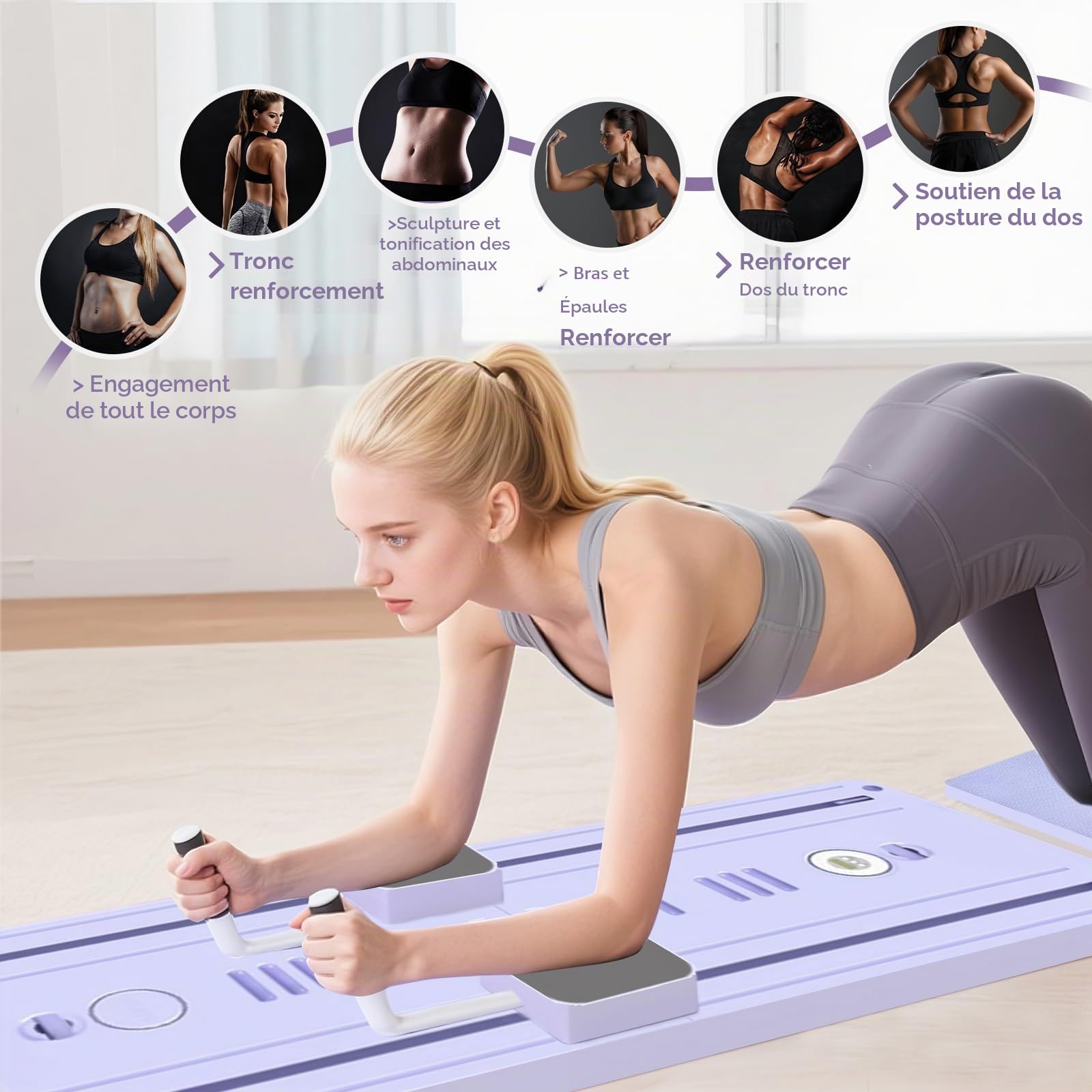 Reformer Pilates Portable - Entraîneur Abdos/Core avec Rouleau Auto-Rebond, Bandes de Résistance & Planche Réglable - Fitness Domicile
