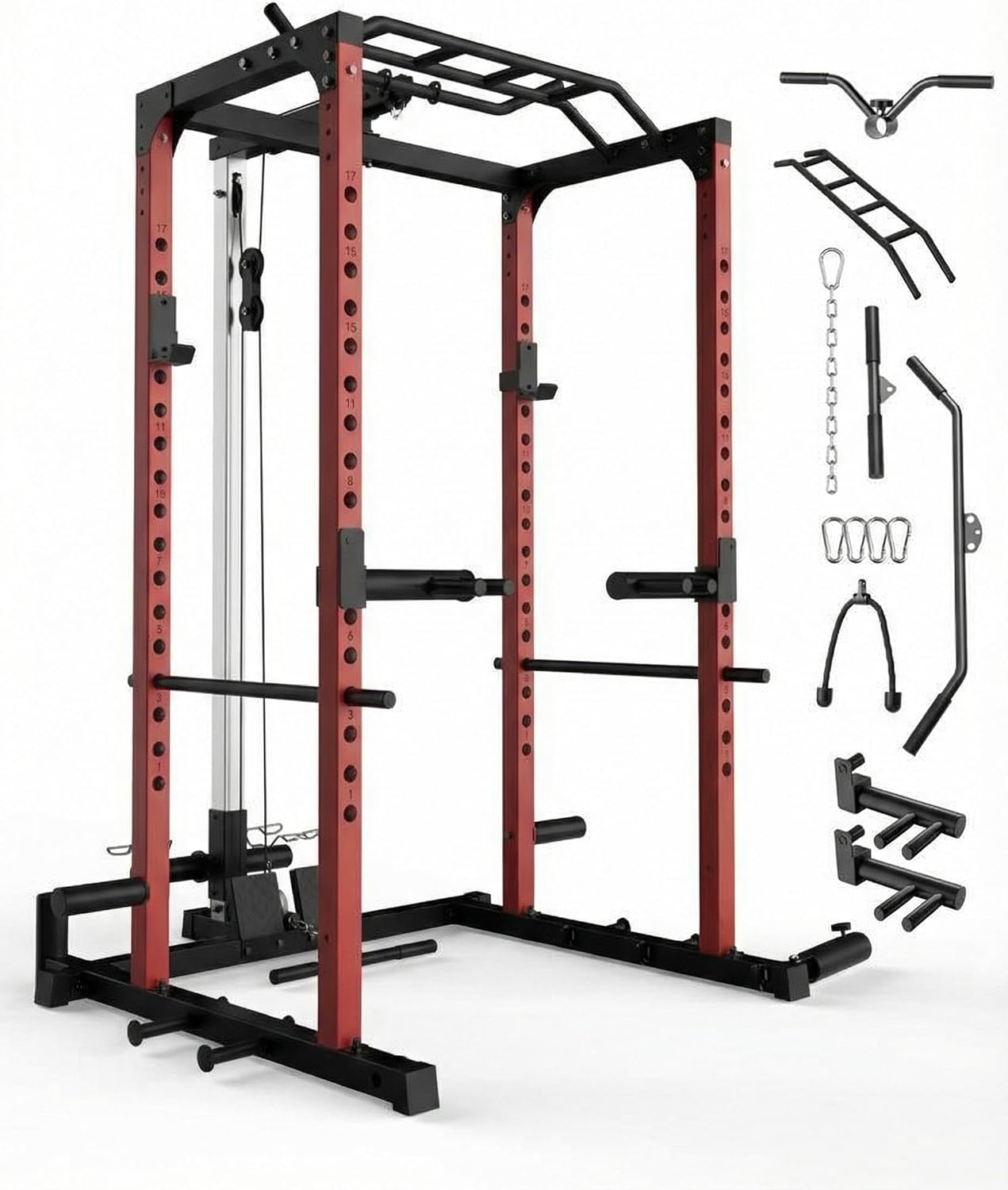 1200LBS Power Cage Squat Rack, Home Gym Strength Training Rack with Pulley, Lat Pulldown, Dip Bars, Pull Up Bar, Low Row, Landmine, Weight Storage, Multi-Functional Equipment