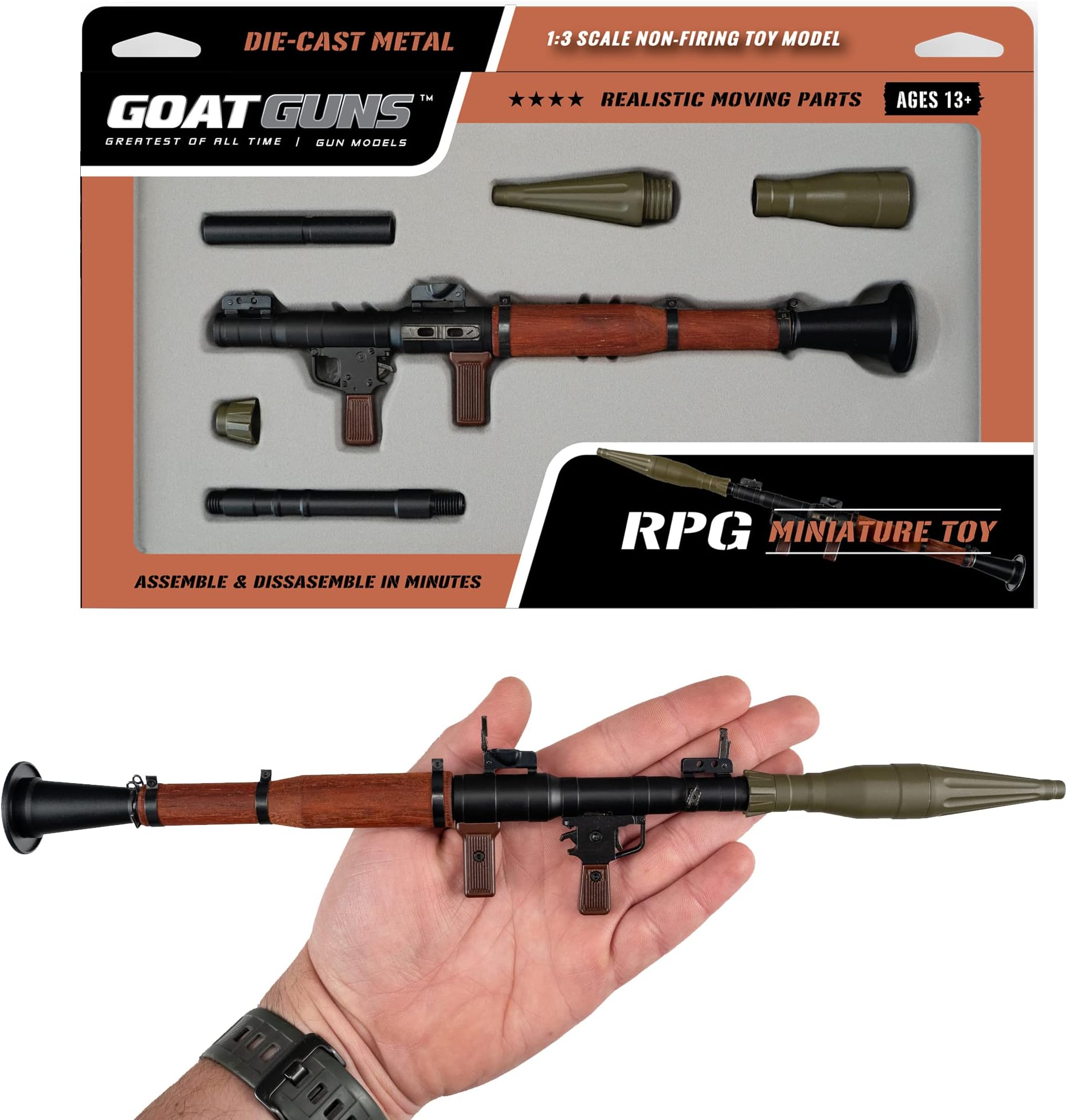 GoatGuns Miniature RPG Model Black | 1:4 Scale Diecast Metal + Real Wood Build Kit