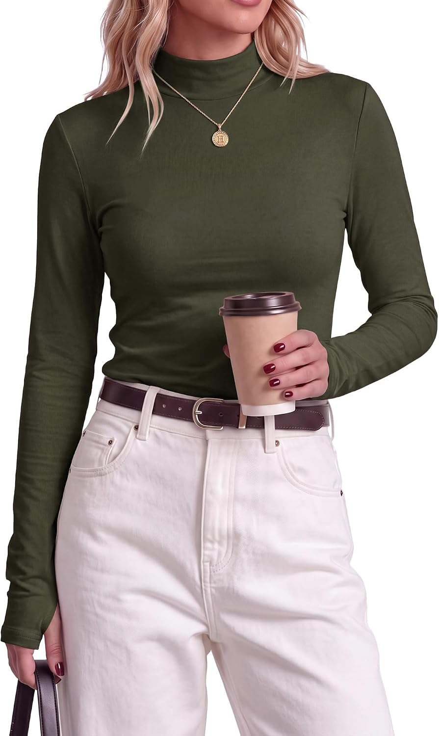 BTFBM Turtleneck Tops for Women Thumbhole Long Sleeve Shirts Army Green