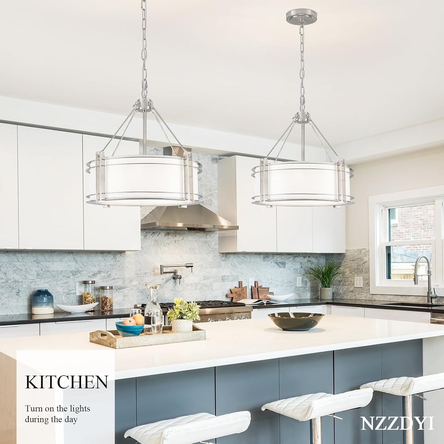NZZDYI 16.3''Drum Chandelier 3-Light Brushed Nickel Modern White Fabric Chandeliers Adjustable Drum Pendant Light for Dining Room Kitchen Island Hallway Living Bedroom Brushed Nickel 16.3in