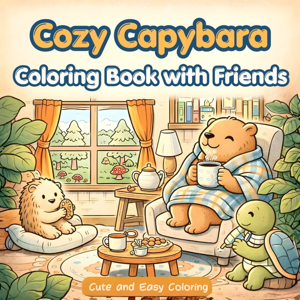 Cozy Capybara Coloring Book with Friends: Cute and Easy Coloring with 50 Relaxing Animal Scenes