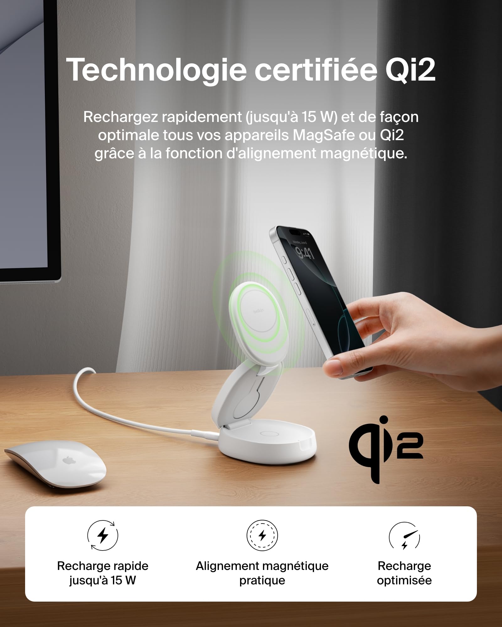 Belkin BoostCharge Station de Charge 3-en-1 Pliable, Chargeur Induction Compatible MagSafe, certifié Qi2, 15 W, pour iPhone 17, Air, Apple Watch, AirPods, Pixelsnap, Adaptateur 36W Inclus - Blanc