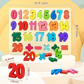 Number Puzzle Wooden Puzzles for Toddlers 3 4 5 Year Old, Shape Learning Puzzles Toys with Puzzle Board & Number Blocks, Preschool Educational for Girls Boys