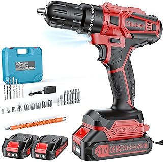 Taladro Percutor a Bateria 21V, Taladro Atornillador Bateria con 4000mAh Baterías, 45 Nm, 25+3 Ajuste Par (2 Velocidad y LED) Drill Adecuado para bricolaje en casa y jardín (Rojo)