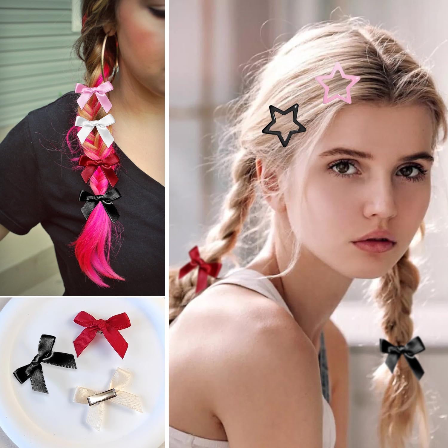 92 Pcs Bow Star Hair Clip Set, 80 Mini Ribbon Bowknot Barrettes and 12 Star Hair Clips 4 Colors Cute Satin Bow Hairpins Metal Stars Hair Snap Y2K Hair Accessories for Women,Party Decor - Image 3