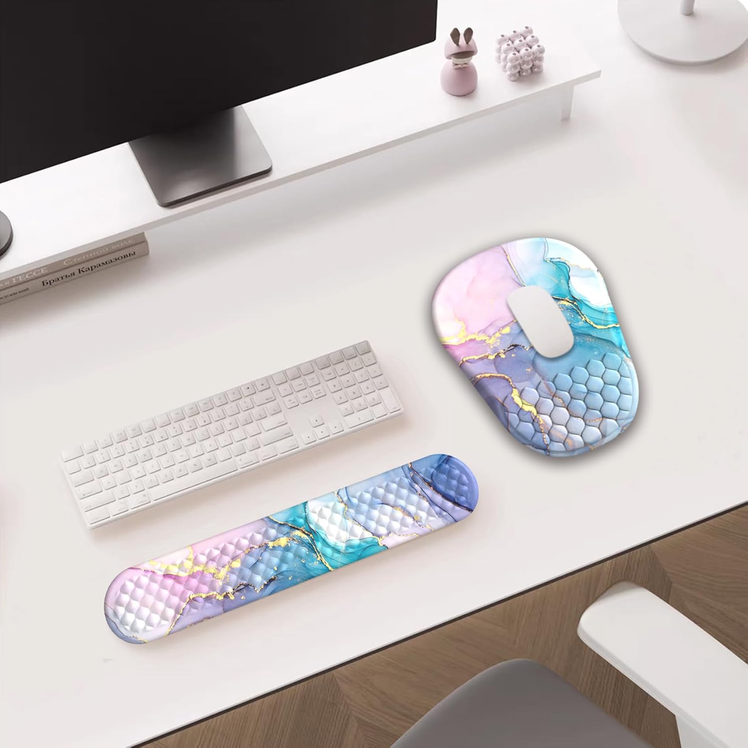Ergonomic Mouse Pad, Mouse Pad Wrist Support & Keyboard Wrist Rest with Comfortable Memory Foam Massage Bulge Wrist Rest and Non-Slip PU Base for Pain Relief, Office, Home (Pink Blue Marble)