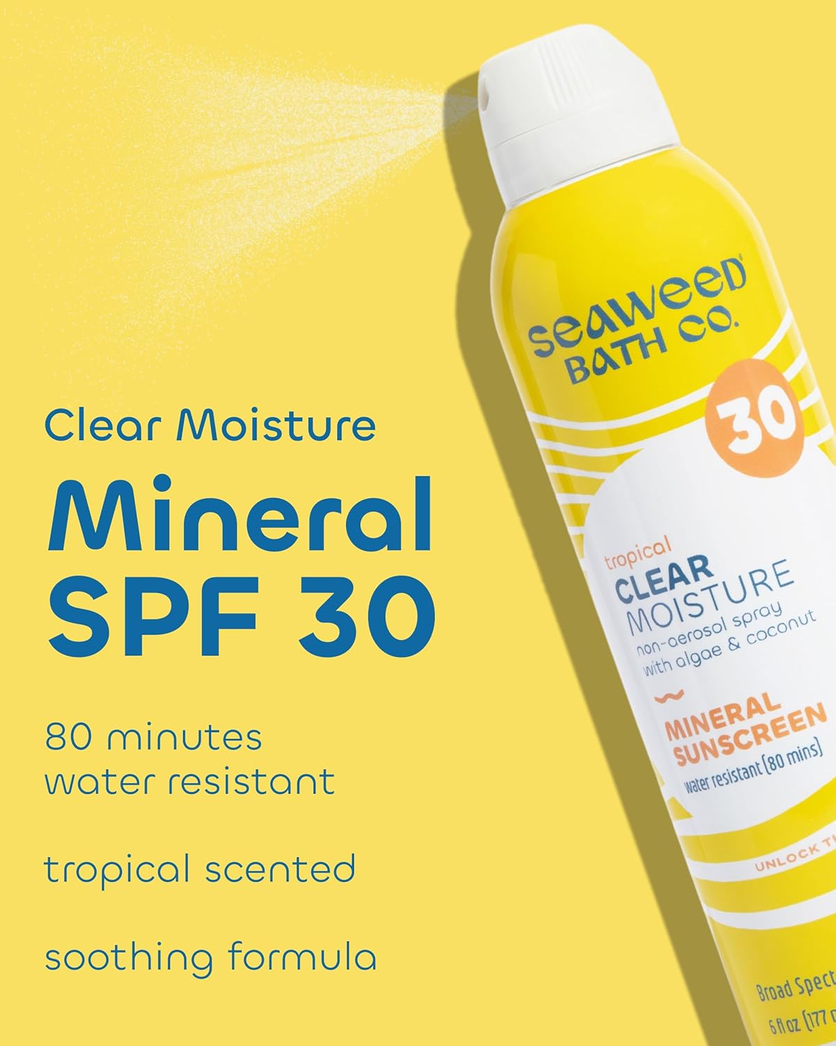 Seaweed Bath Co. Clear Moisture Mineral SPF 30 Broad Spectrum Sunscreen Spray - With Nourishing Algae, Coconut & Hyaluronic Acid - Tropical Scented - 6 oz (Pack of 2