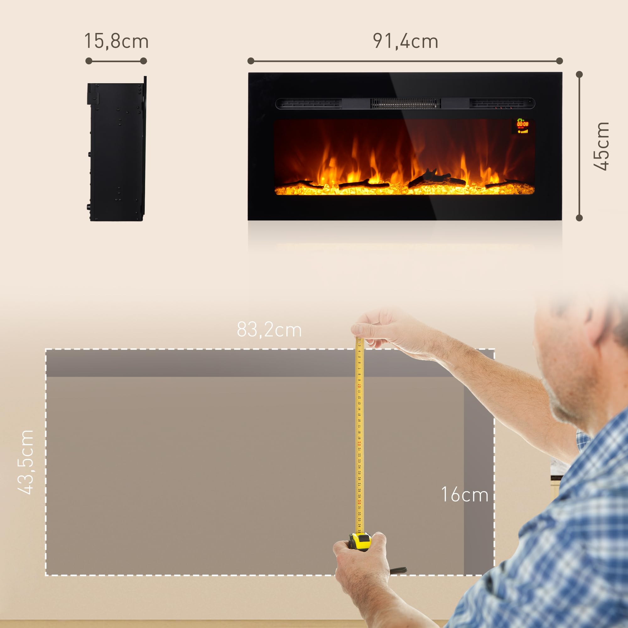 HOMCOM Cheminée électrique 1800 W Mural ou encastrable Fausse cheminée avec Effet Flamme en LED 3 Couleurs 5 luminosités, bûche et Cristal, minuterie, température 15-40℃, télécommande, 91,4L cm, Noir