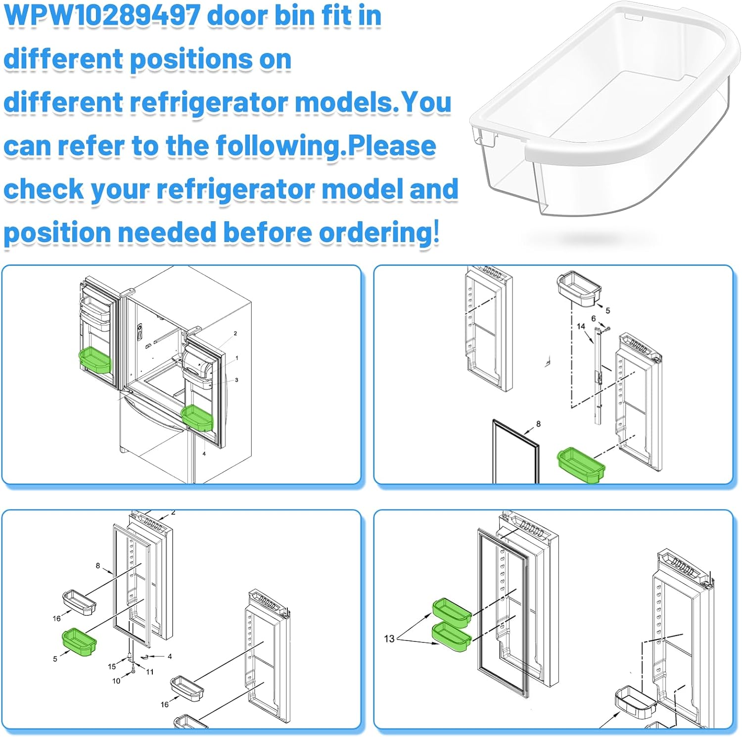 [2 PACK] UPGRADED WPW10289497 Refrigerator Door Bin Compatible with Whirlpool Refrigerator Door Shelf Bin W10289497, KitchenAid Kenmore Door Shelf WRF535SWHZ WRF535SMBM WRF535SWHV KRFC300ESS Shelves