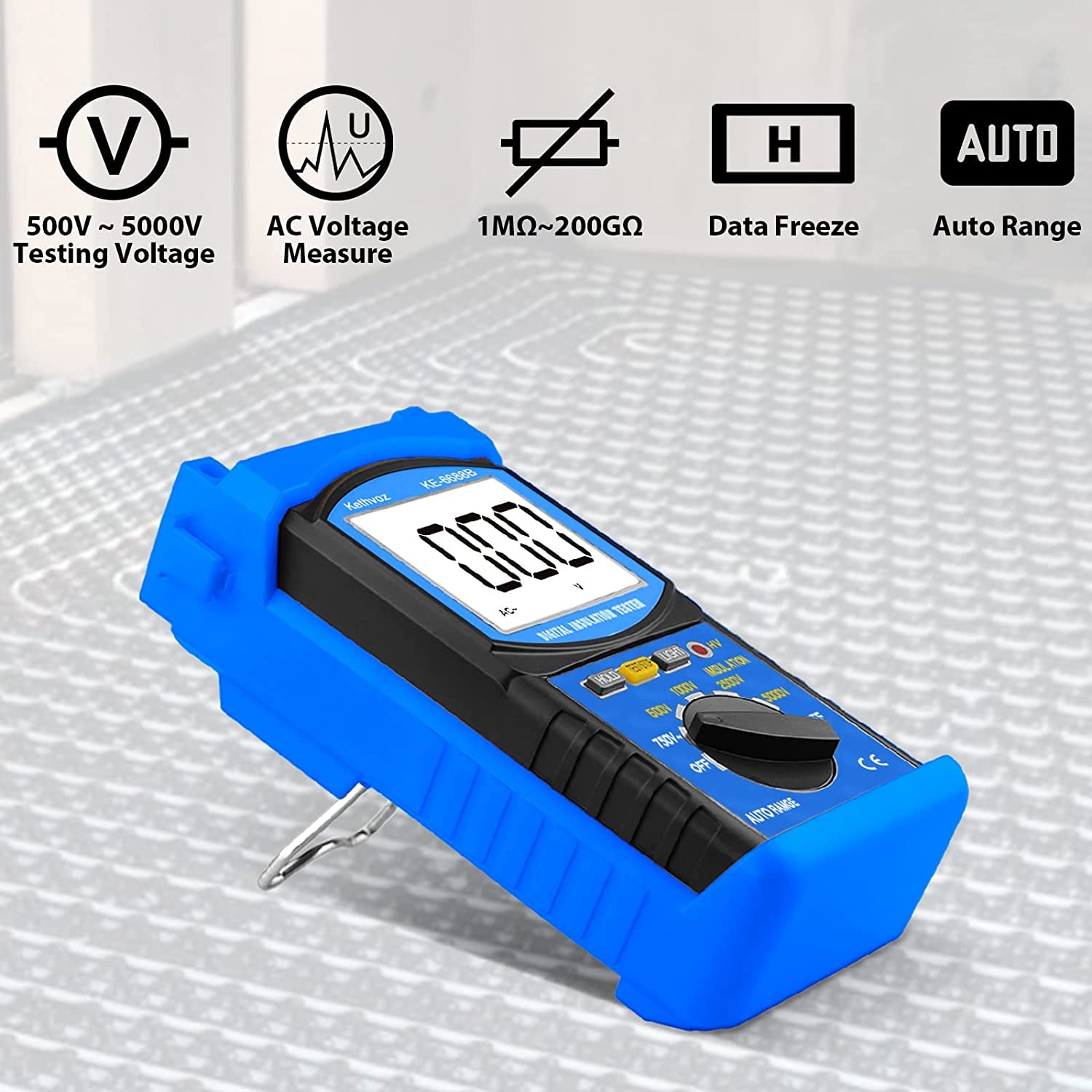 Digital Megohmmeter, Kethvoz 500V/1000V/2500V/5000V Insulation Resistance Tester, Auto Range Megohm Meter 1MΩ~2GΩ, Testing AC Voltage 750V,Data Hold Backlit LCD for Heat Cable HAVC Motor Winding