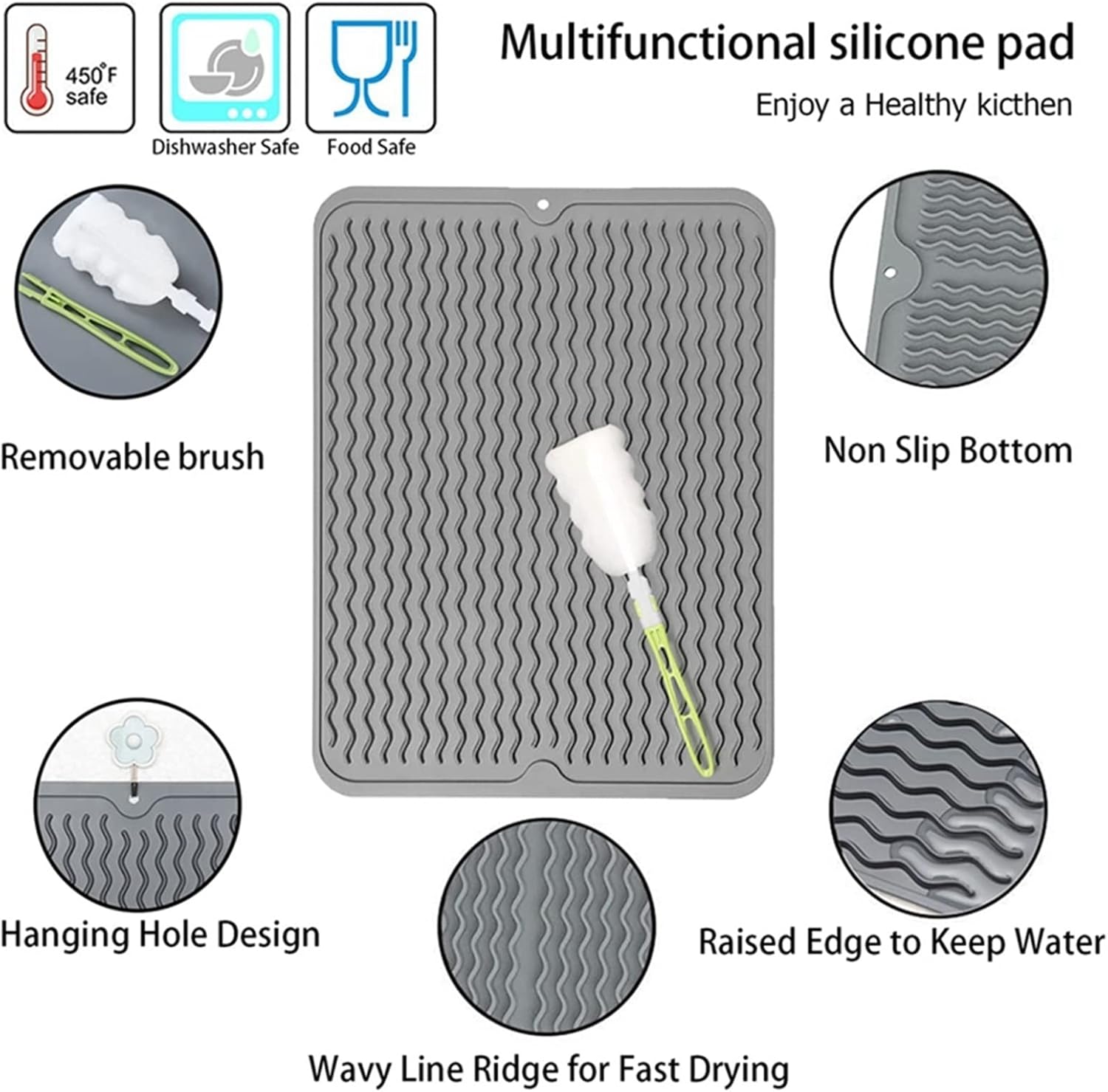 XTYPE Dish Drying Mat, Dish Drying Mat, Heat Resistant and Non-Slip,Easy to Clean, Sink Mat with Cleaning Brush (Color : Grey)