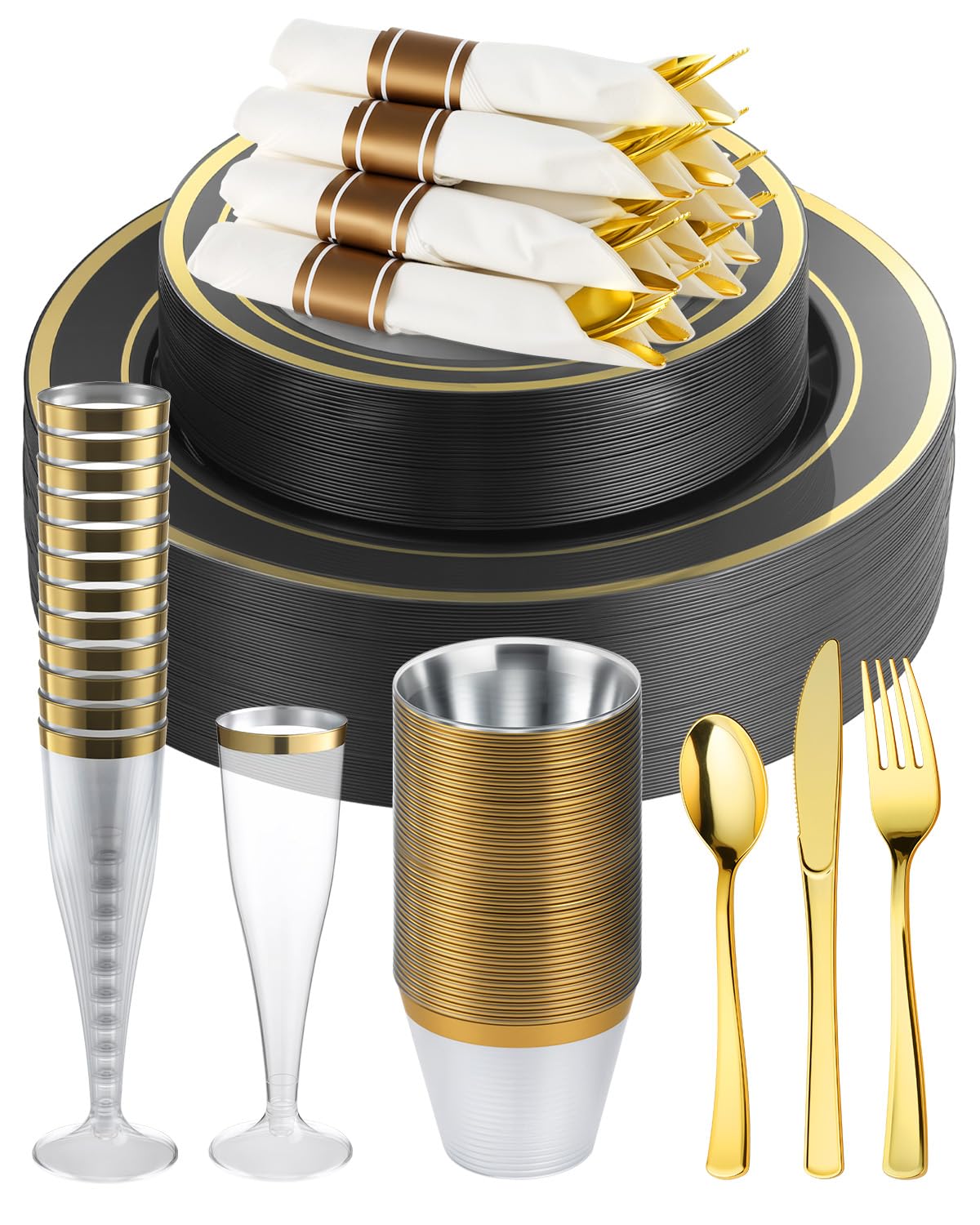 Photo 1 of Goodluck 320PCS Black Gold Disposable Plastic Dinnerware Set for 40 Guests, Include 40 Dinner Plates, 40 Dessert Plates, 40 Napkins with Silverware, 40 Cups, 40 Champagne Glasses, for Various Parties